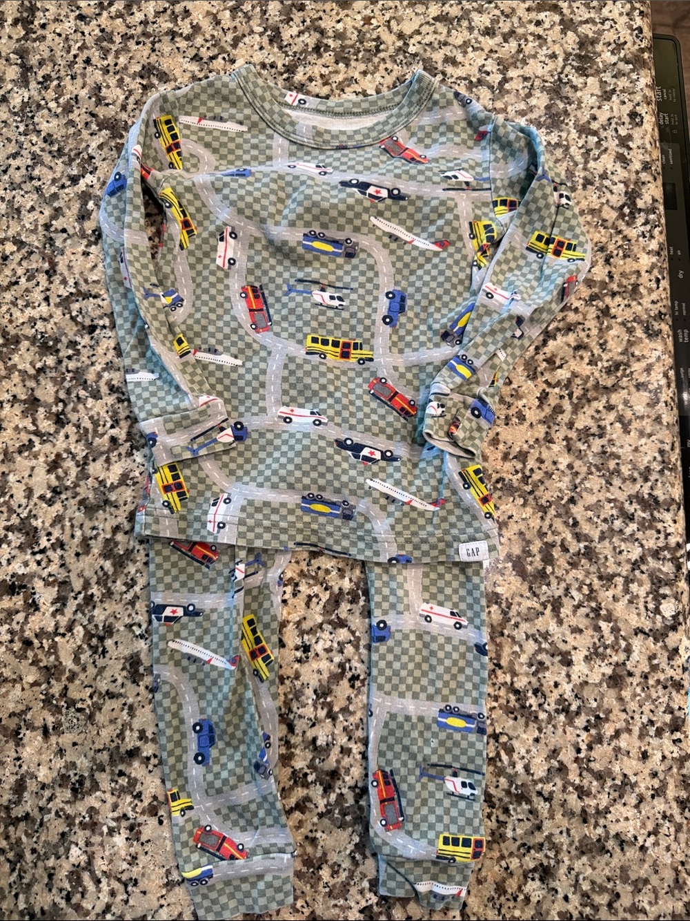 Baby GAP Kids Green Check Pajamas with Colorful Vehicle Print 2T